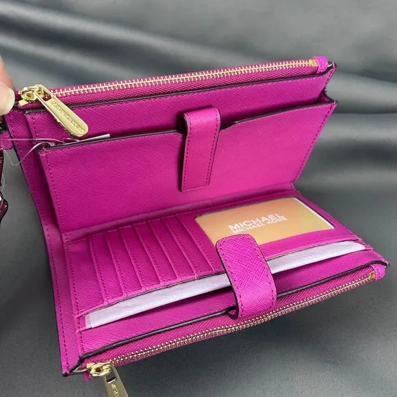 Michael Kors Pink Fuschia Leather Jet Set Travel Double Zip Wristlet Wallet - Picture 13 of 16